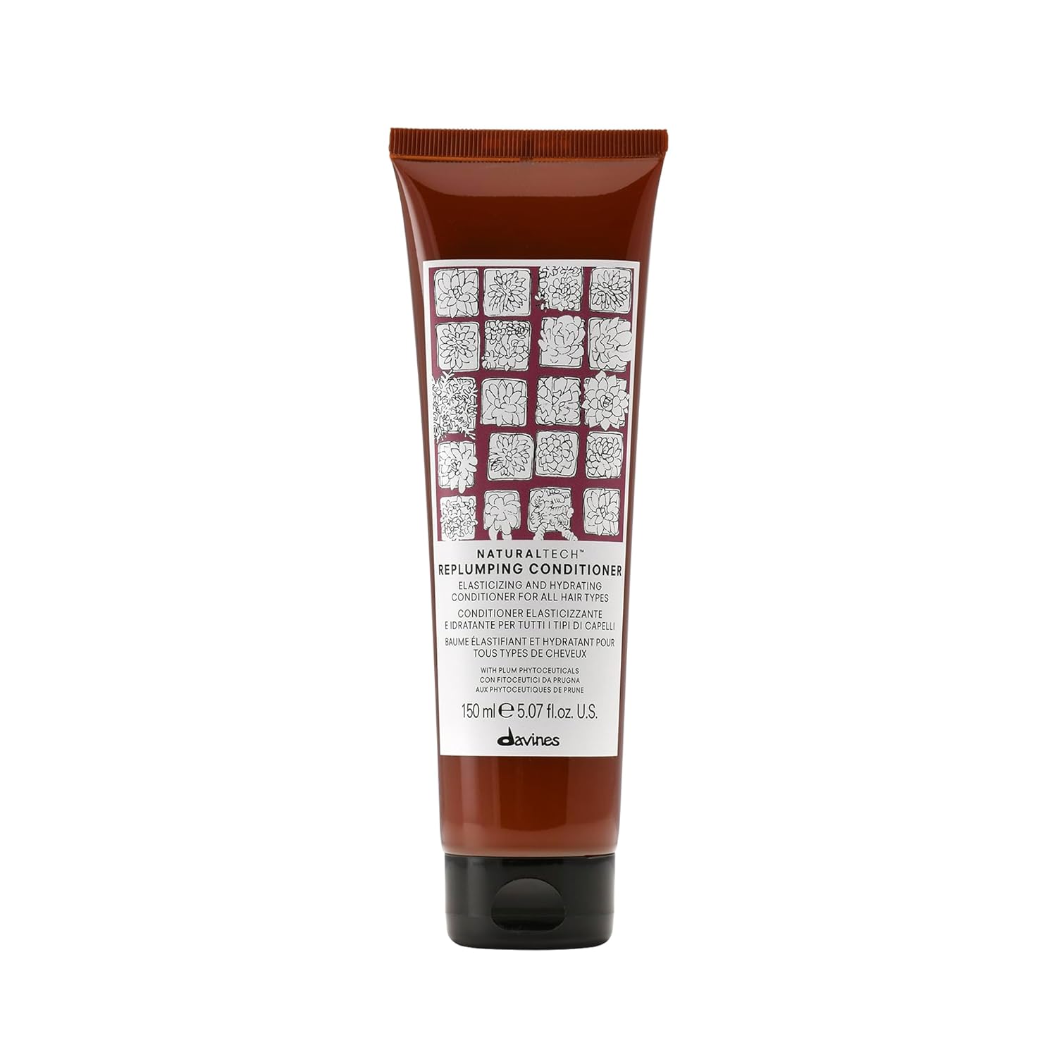 Davines Naturaltech Replumping Conditioner. Brown hair care product tube with label on a white background