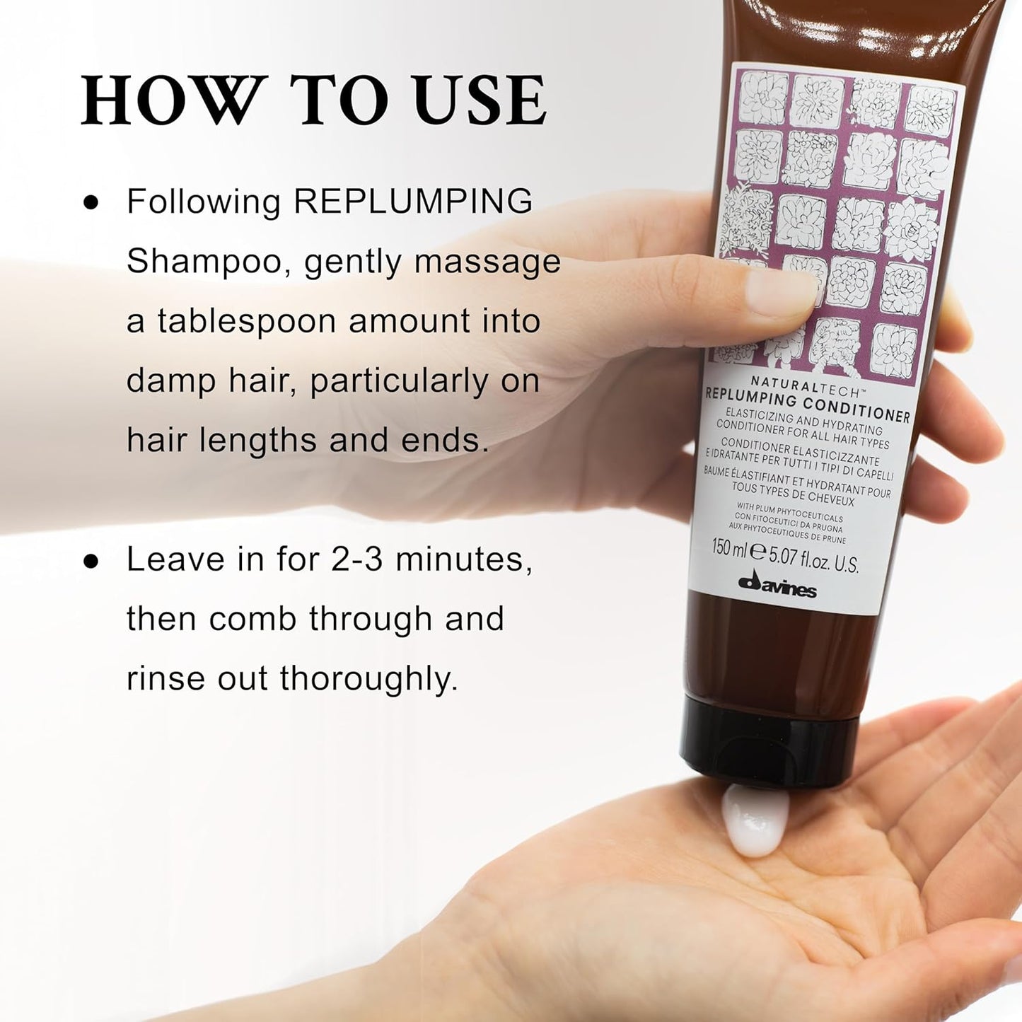 Hand holding a bottle of Davines Replumping Conditioner with instructions on how to use it.