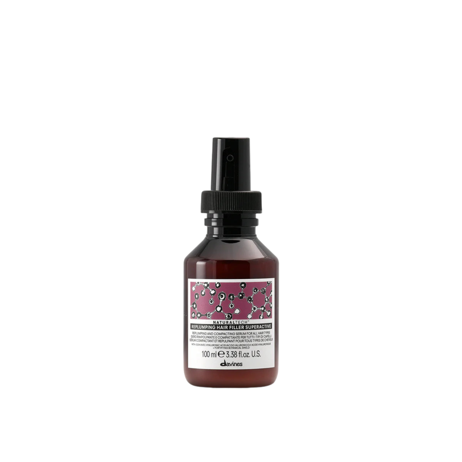 Davines Naturaltech Replumping Hair Filler Superactive. Bottle of Davines hair product on a white background