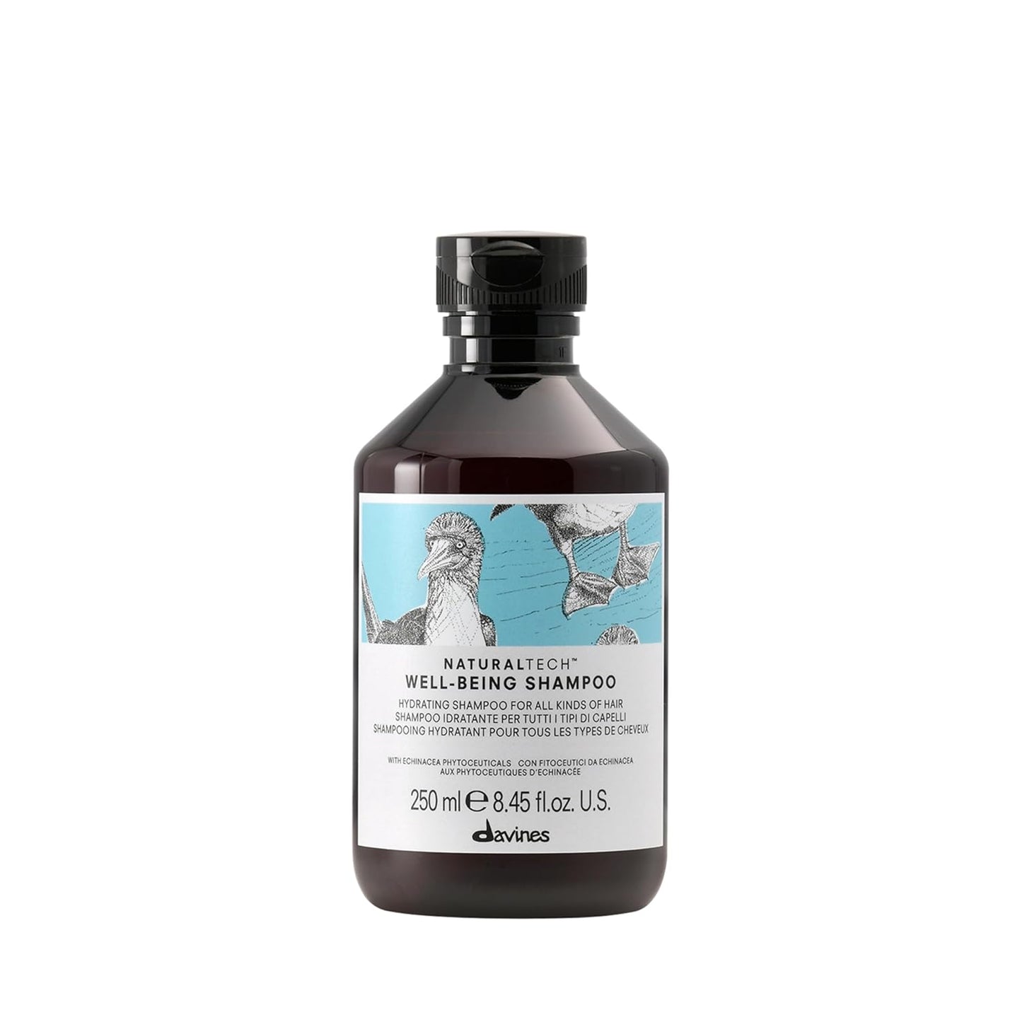 Bottle of Davines Naturaltech Well-Being Shampoo with a decorative label on a white background
