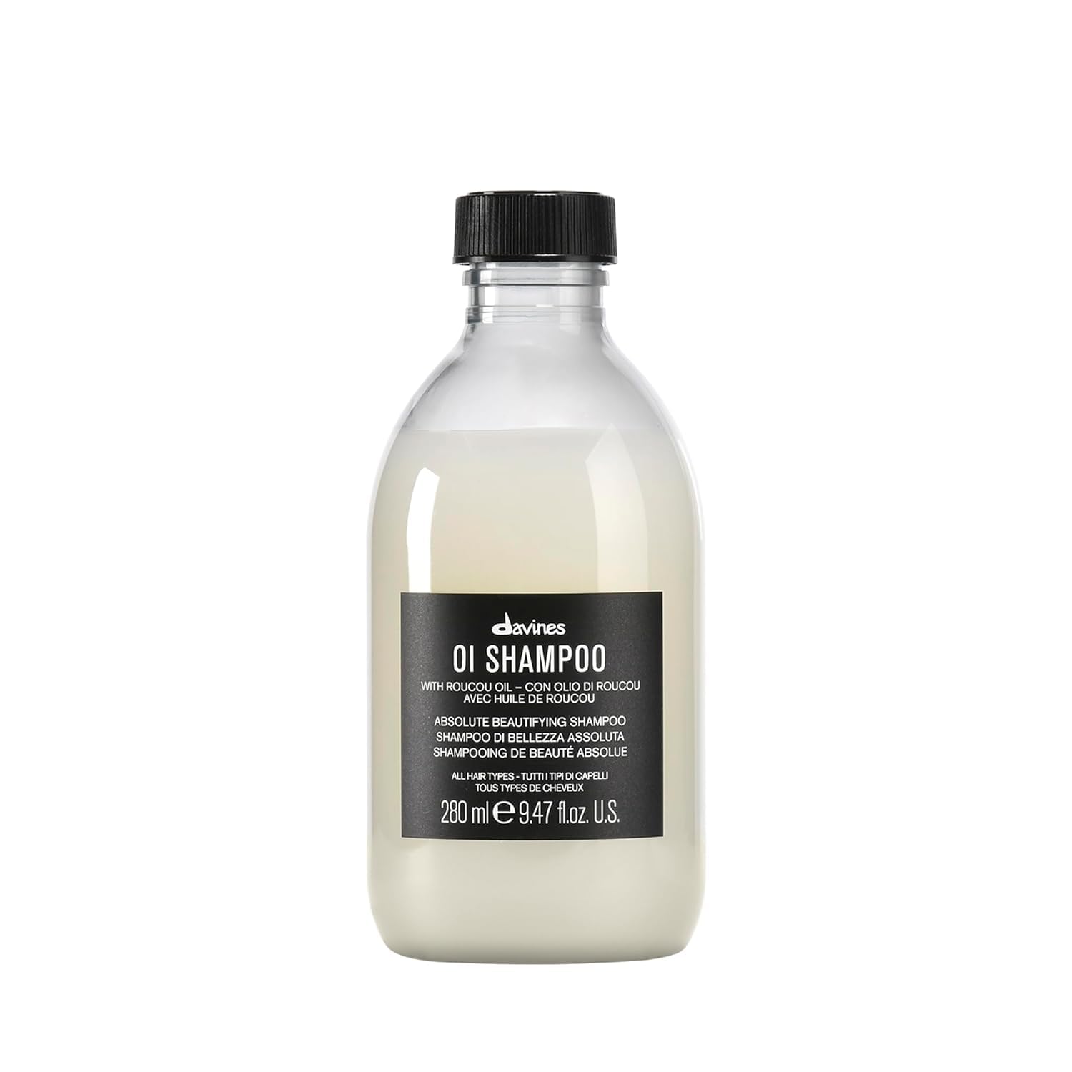 Bottle of Davines OI Shampoo on a white background