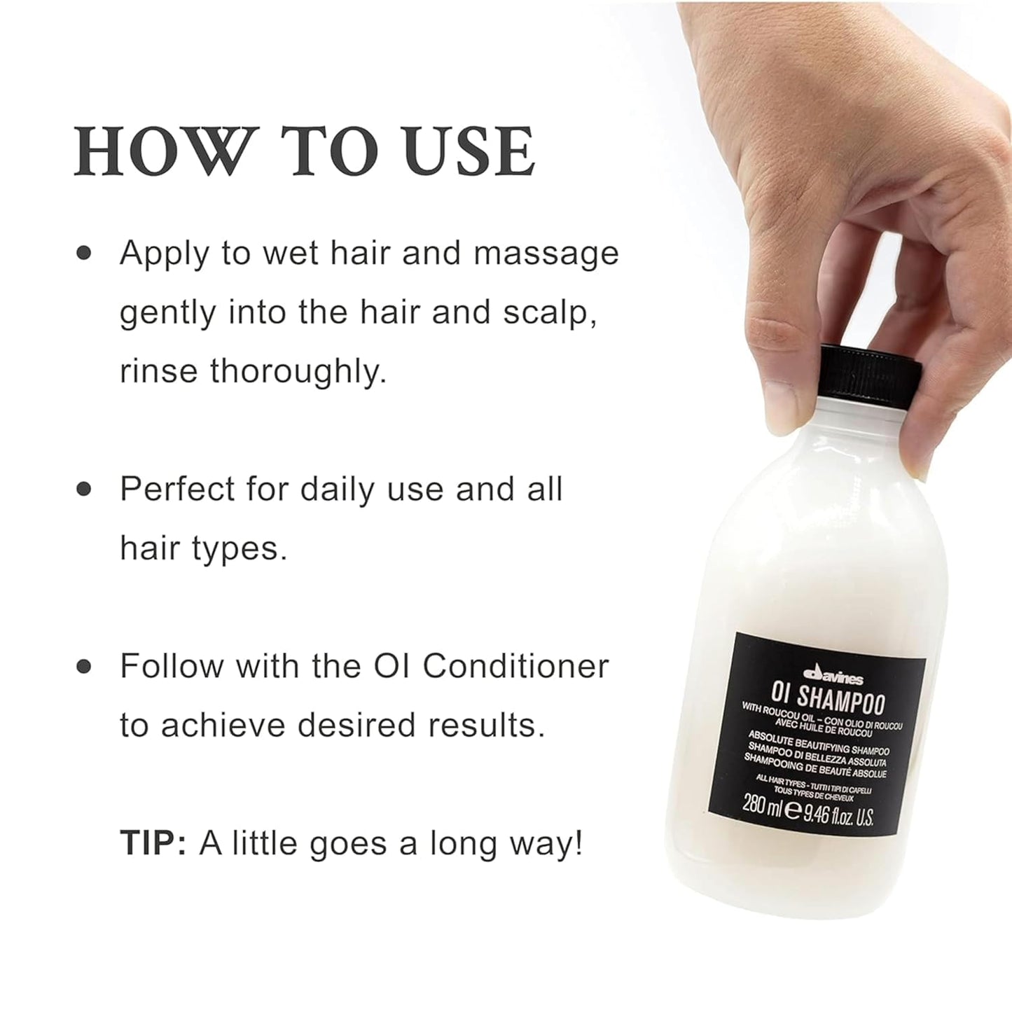 Davines OI Shampoo. Oriental Institute shampoo bottle with usage instructions on a white background