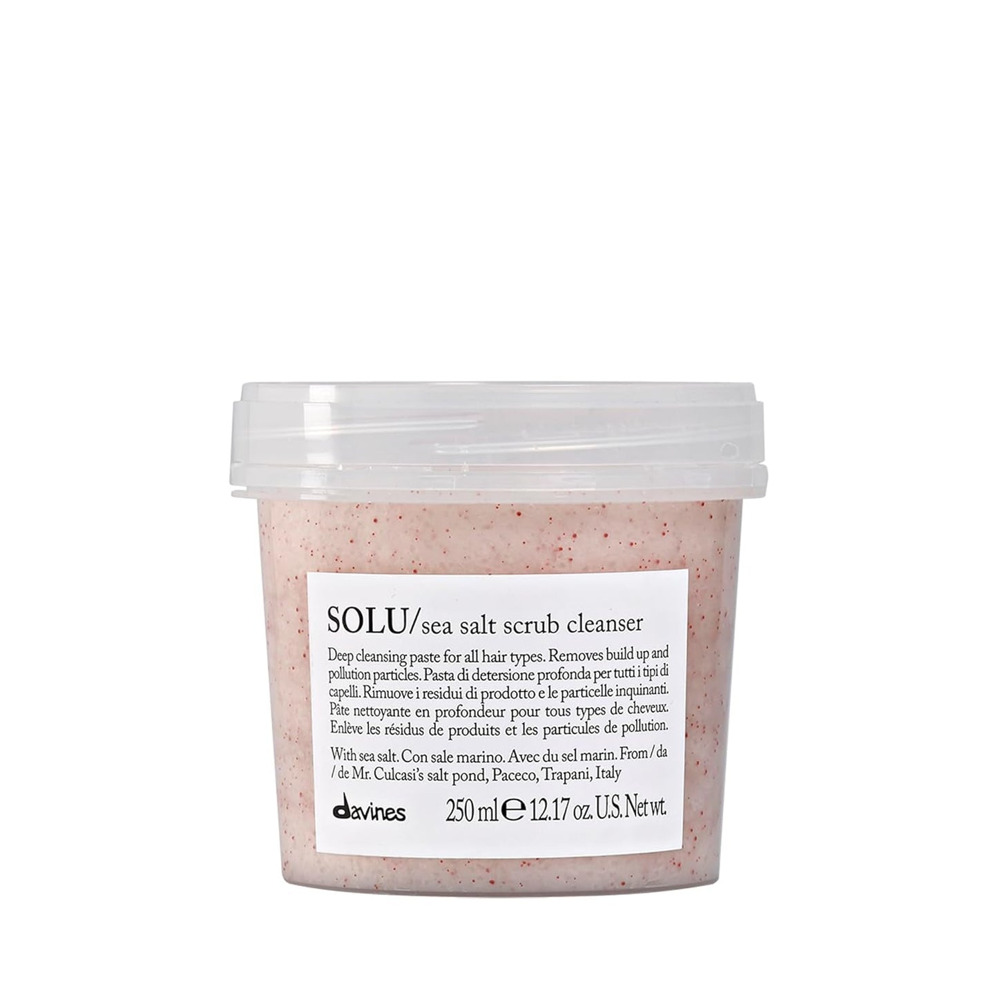 Jar of Davines SOLU sea salt scrub cleanser on a white background