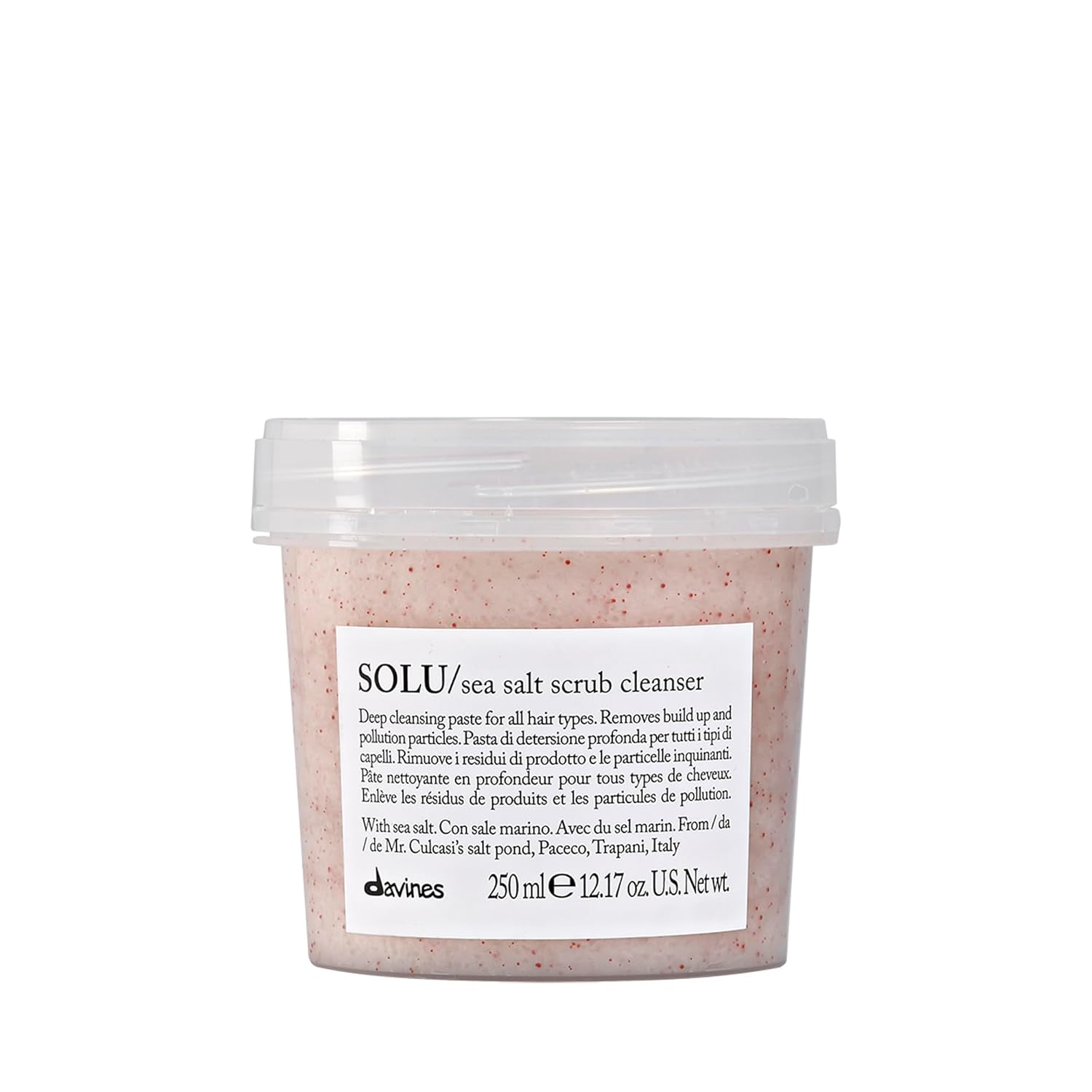 Jar of Davines SOLU sea salt scrub cleanser on a white background