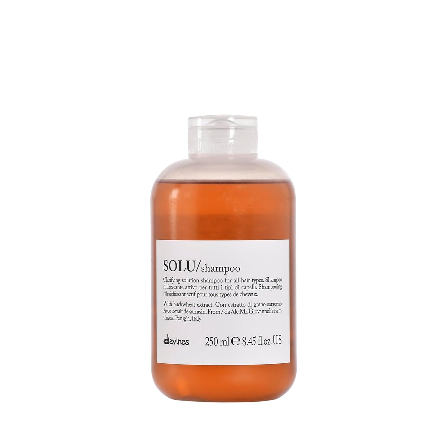Shampoo bottle labeled 'SOLU/shampoo' by davines on a white background