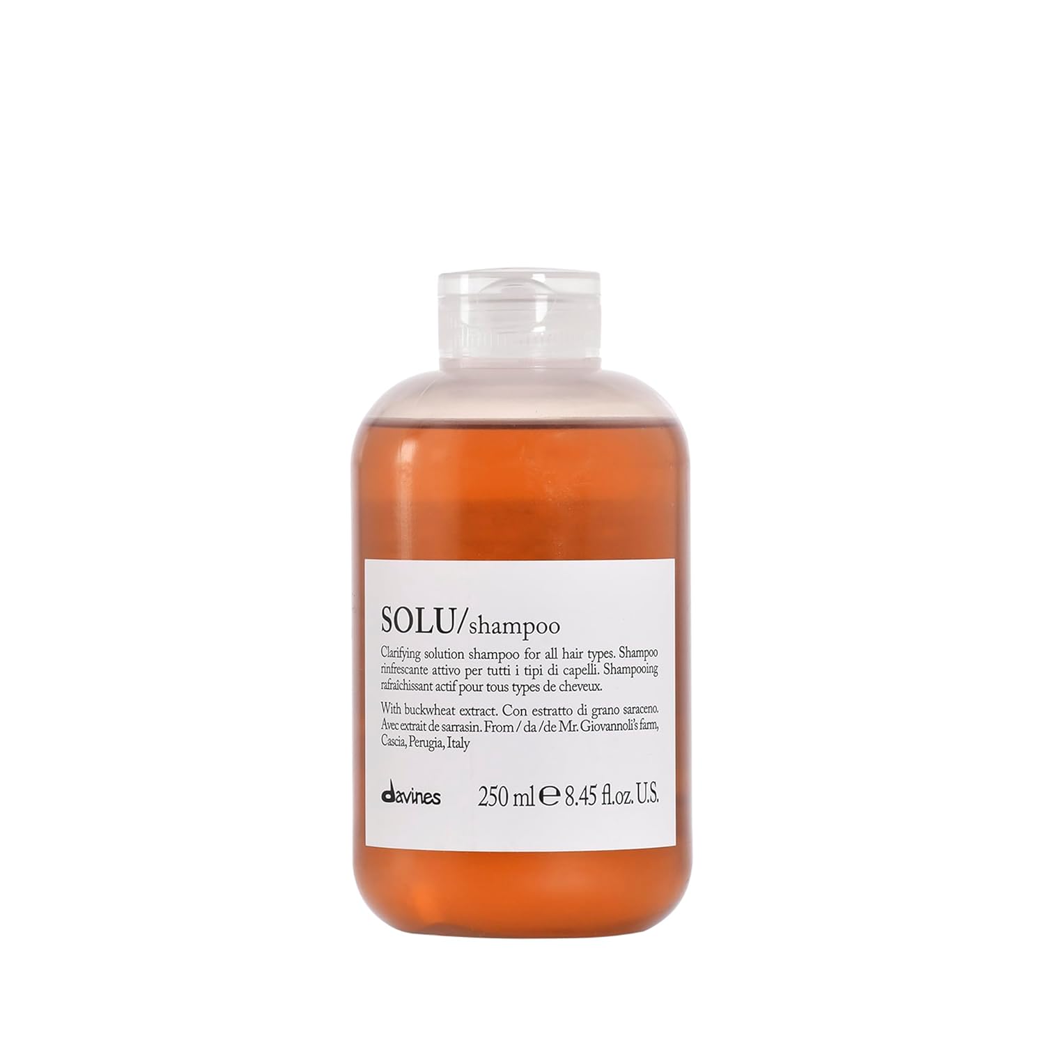 Shampoo bottle labeled 'SOLU/shampoo' by davines on a white background