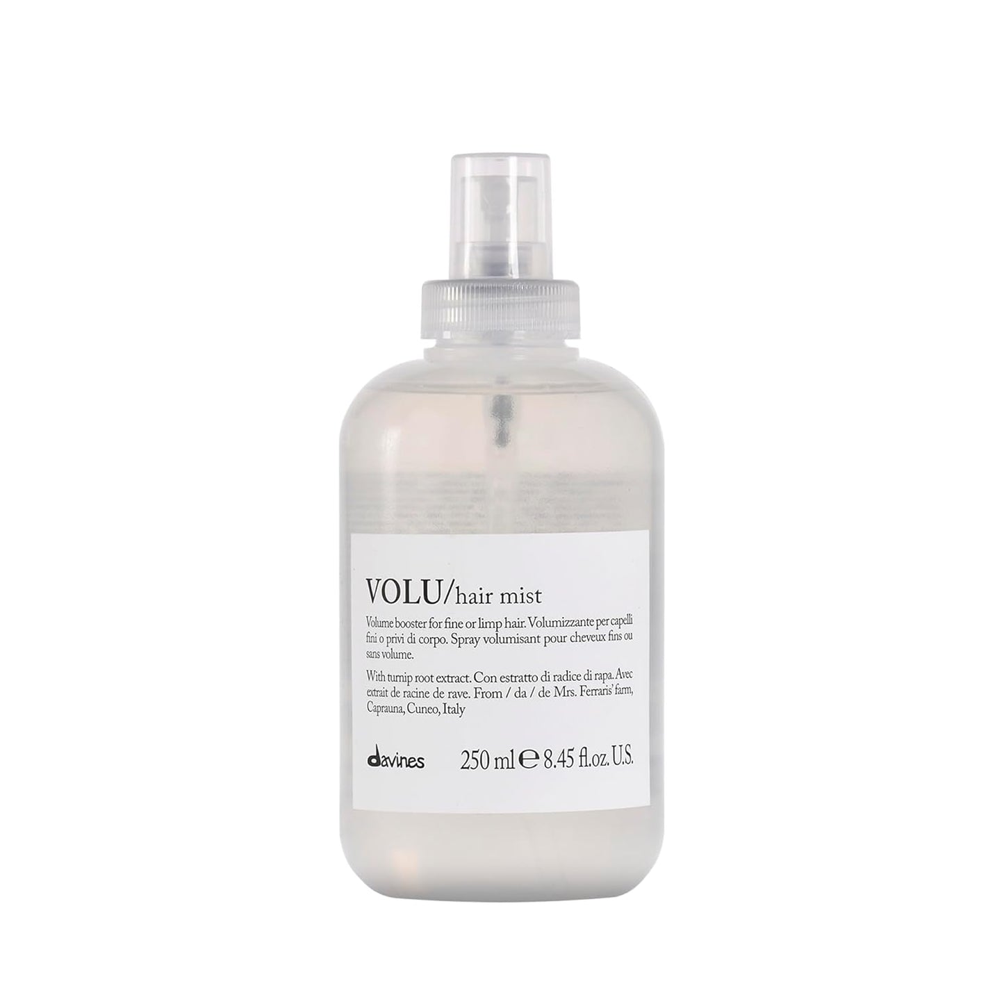 Hair mist bottle labeled 'VOLU/hair mist' by davines on a white background