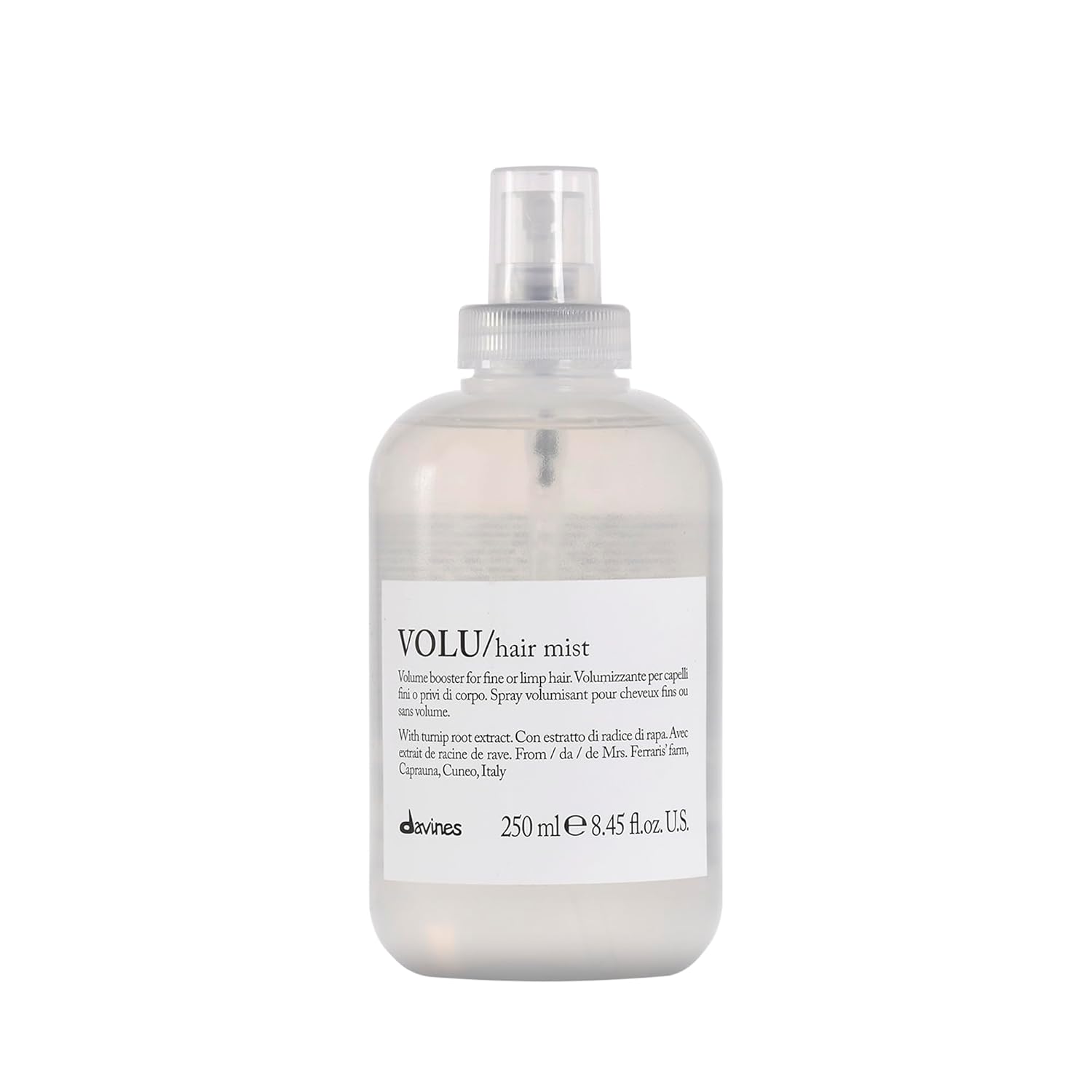 Hair mist bottle labeled 'VOLU/hair mist' by davines on a white background