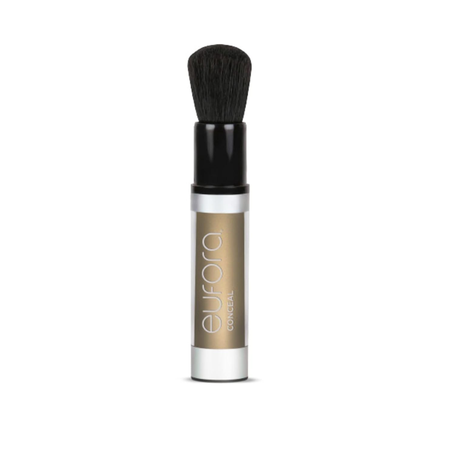 Eufora Conceal Blonde. Makeup brush with black bristles and silver handle on a white background