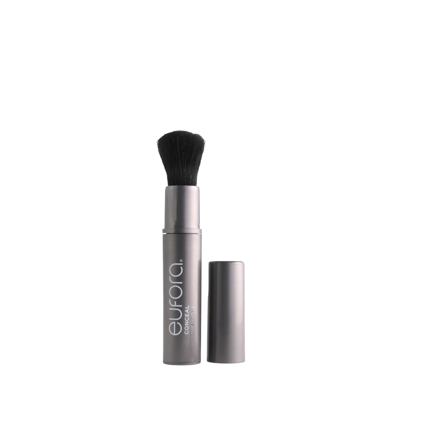 Eufora Conceal Brown. Makeup brush with black bristles and silver handle on a white background, featuring the Eufora brand.