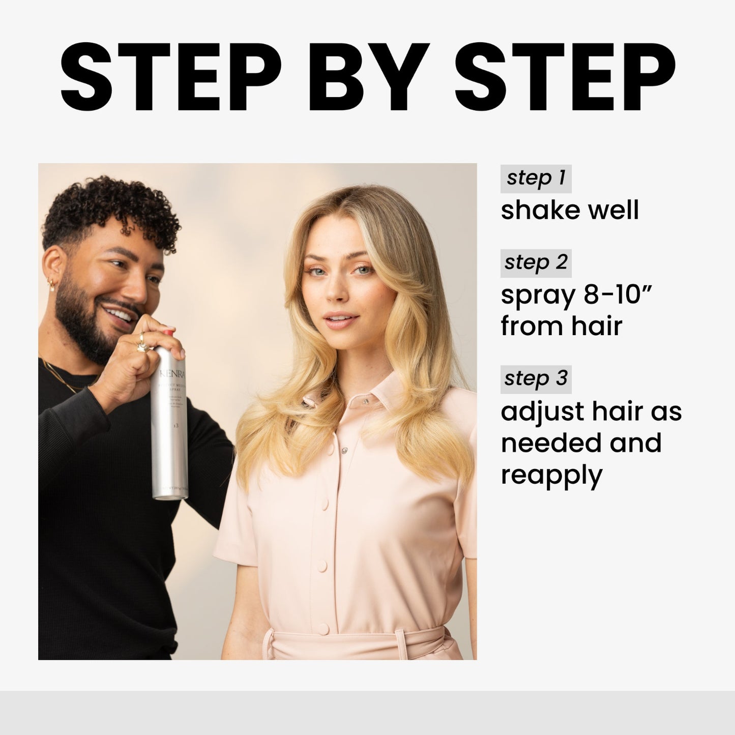 Kenra Perfect Medium Spray - Step By Step. Two people with text on how to use a product, featuring a man holding a can and a woman with styled hair.