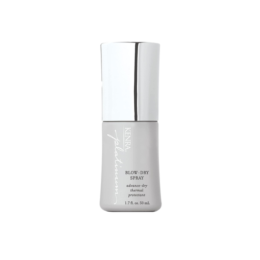 Kenra Platinum  Blow-Dry Spray. Silver bottle of Kevin.Murphy hair product on a white background