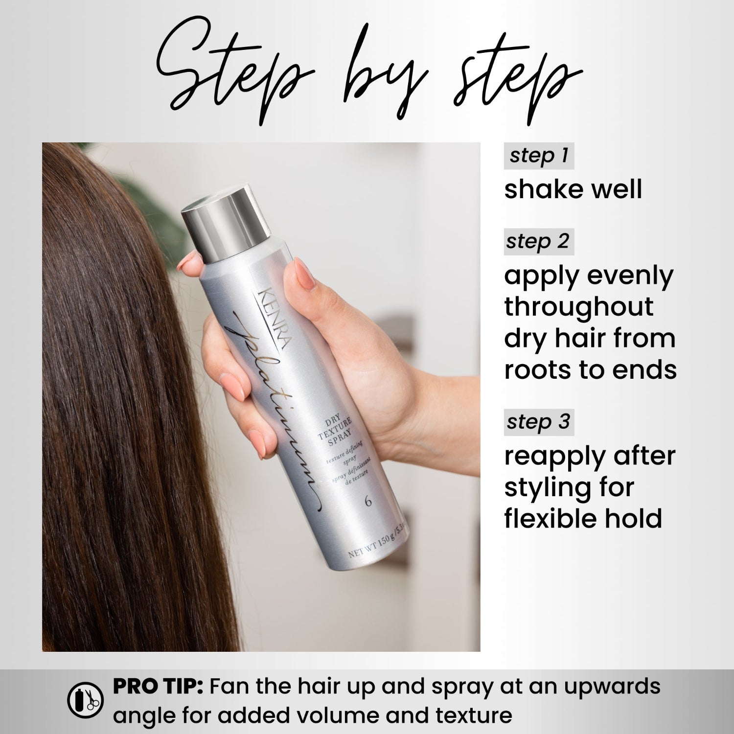 Kenra Platinum Dry Texture Spray - How To Use. Hair spray bottle with usage instructions on a white background