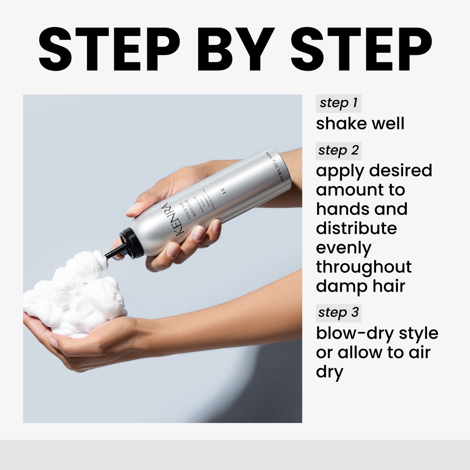 Kenra Volume Mousse - Step-by-step guide for using a hair product with a bottle and foam, on a light gray background.