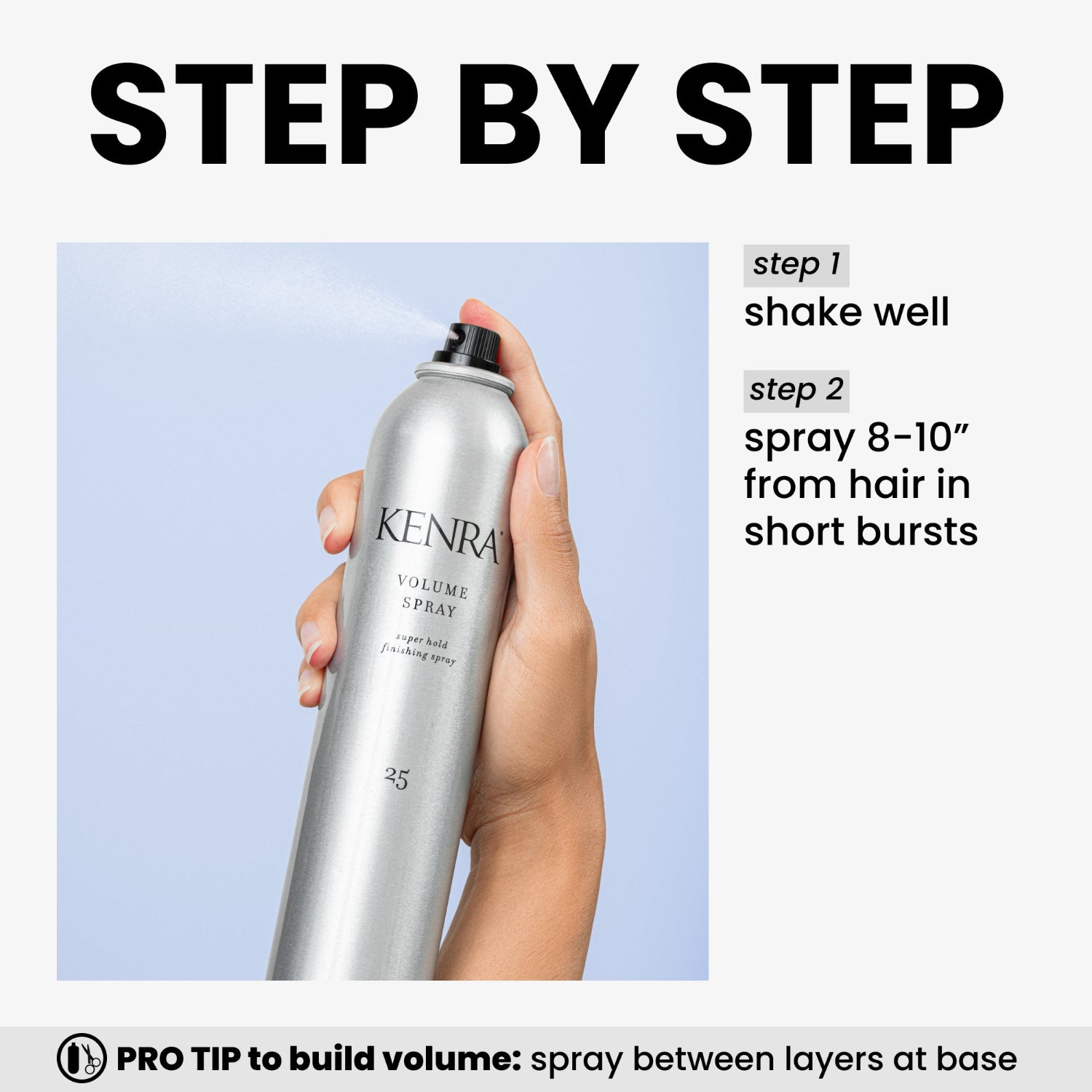 Kenra Volume Spray bottle held by a hand with usage instructions on a light blue background