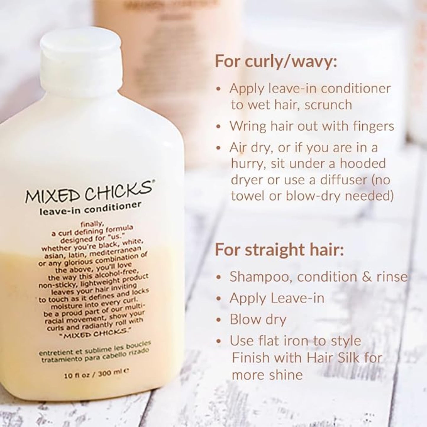 Bottle of Mixed Chicks leave-in conditioner with usage instructions on a white background