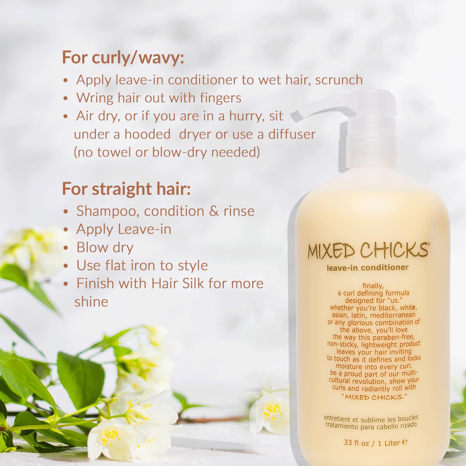 Bottle of 'Mixed Chicks' leave-in conditioner with usage instructions on a white background