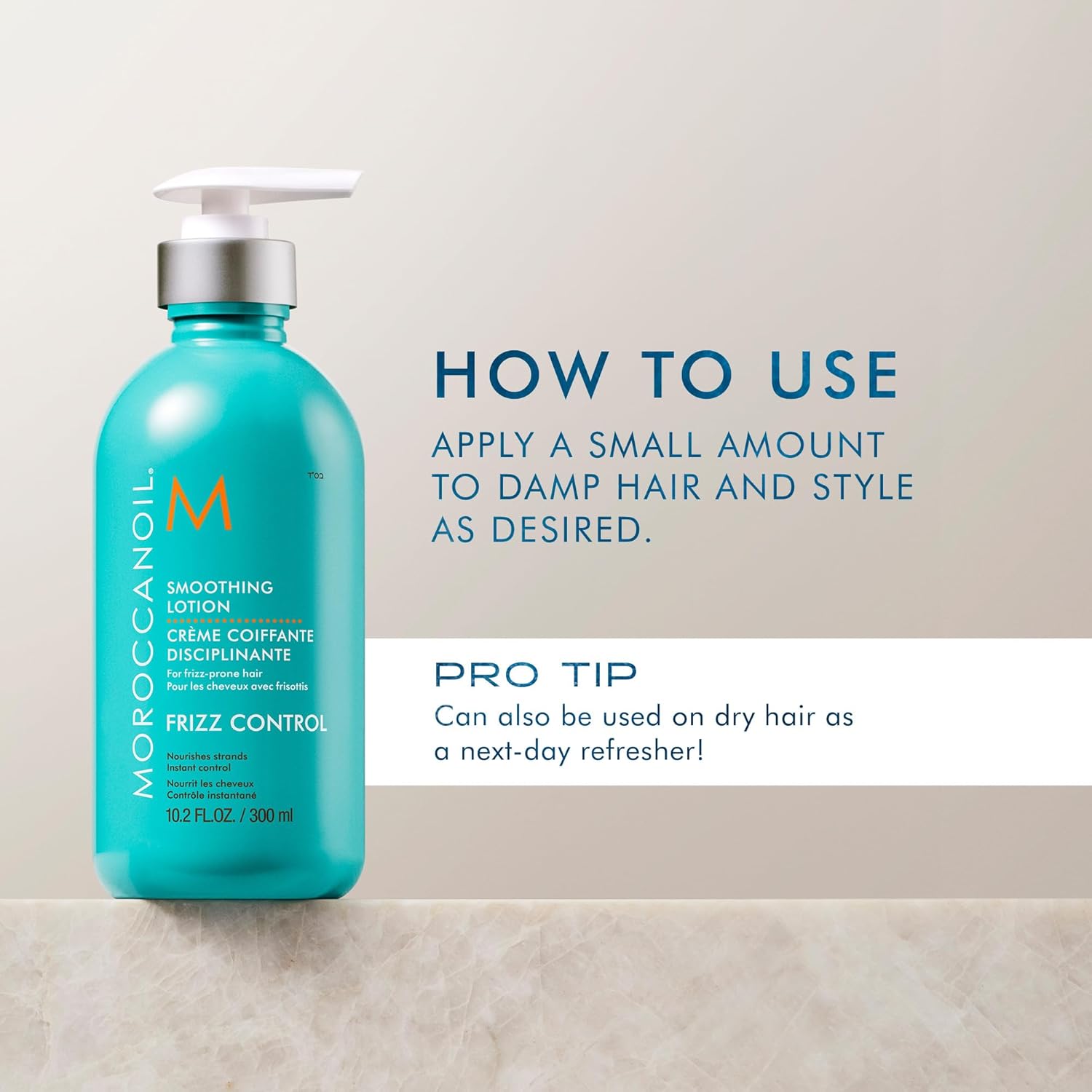 Moroccan Oil Smoothing Lotion. Moroccanoil hair product bottle with usage instructions on a neutral background