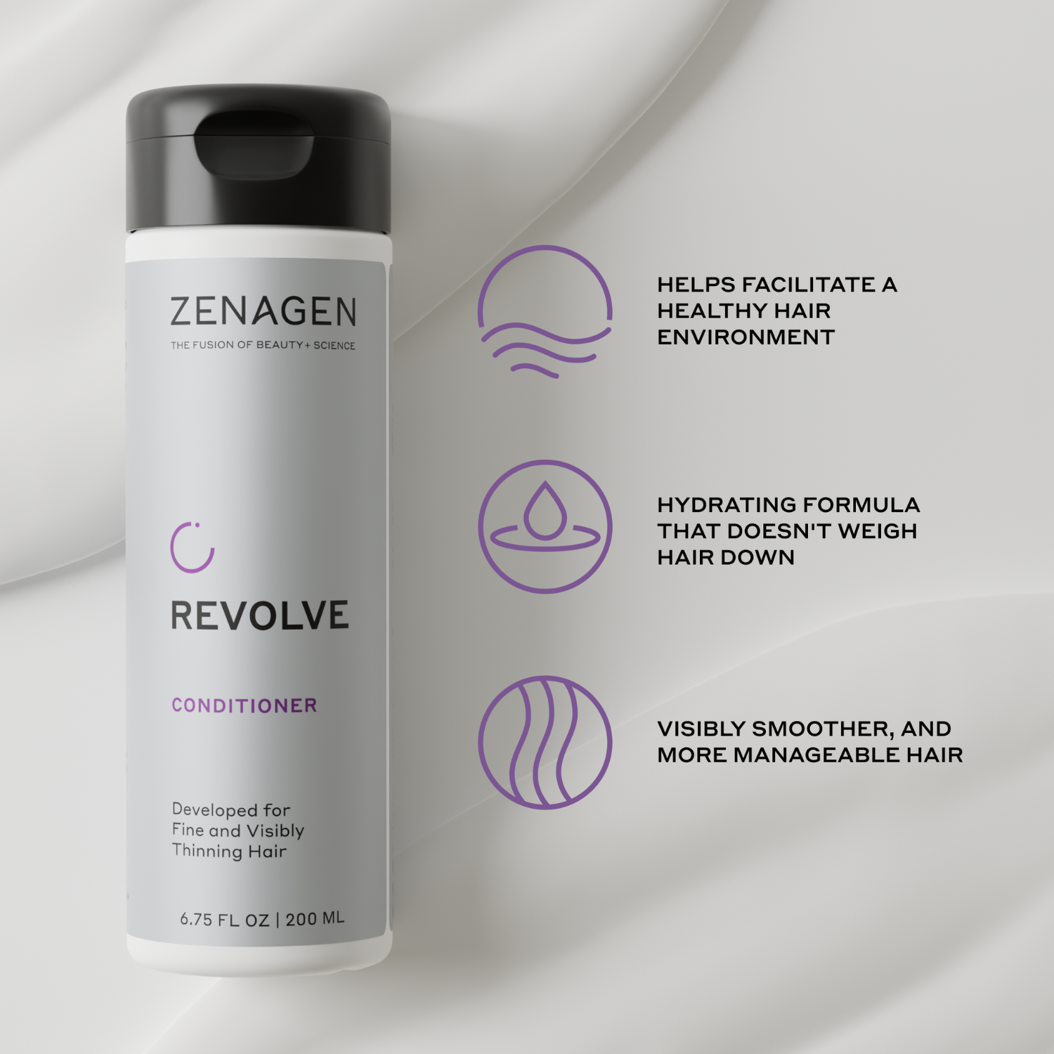 Zenagen Revolve Conditioner bottle with product features on a light gray background