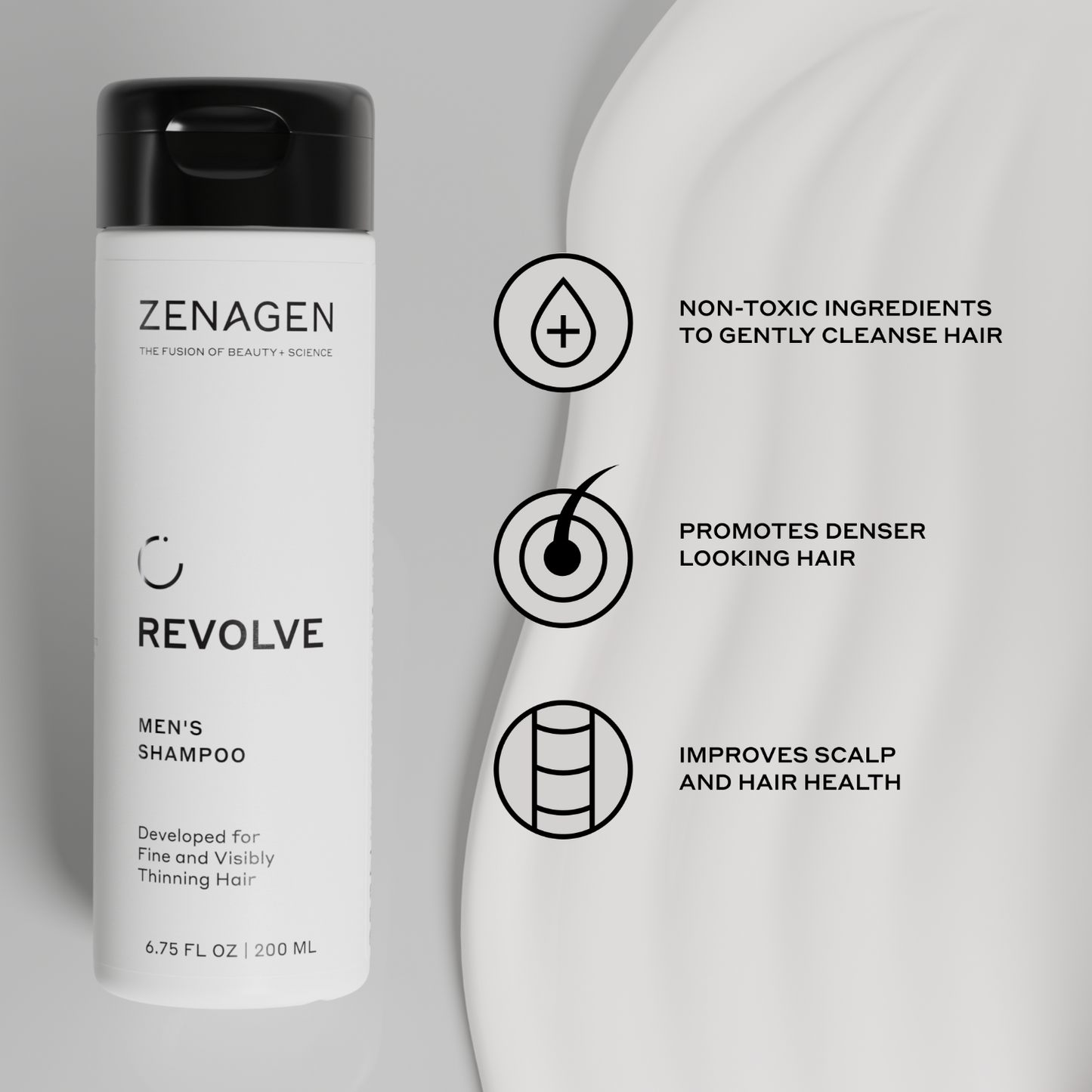 Zenagen Revolve Men's Shampoo bottle with benefits listed on a gray background