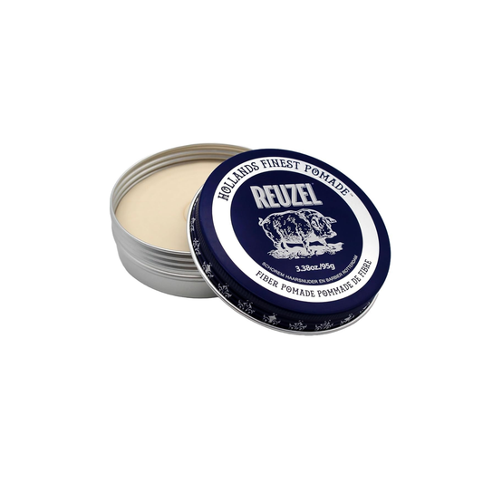 Reuzel Fiber Pomade in a blue and white container on a white background