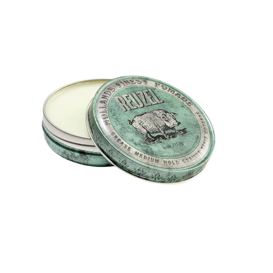 Reuzel Grease Medium. Green and silver container of Redzepi hair pomade on a white background