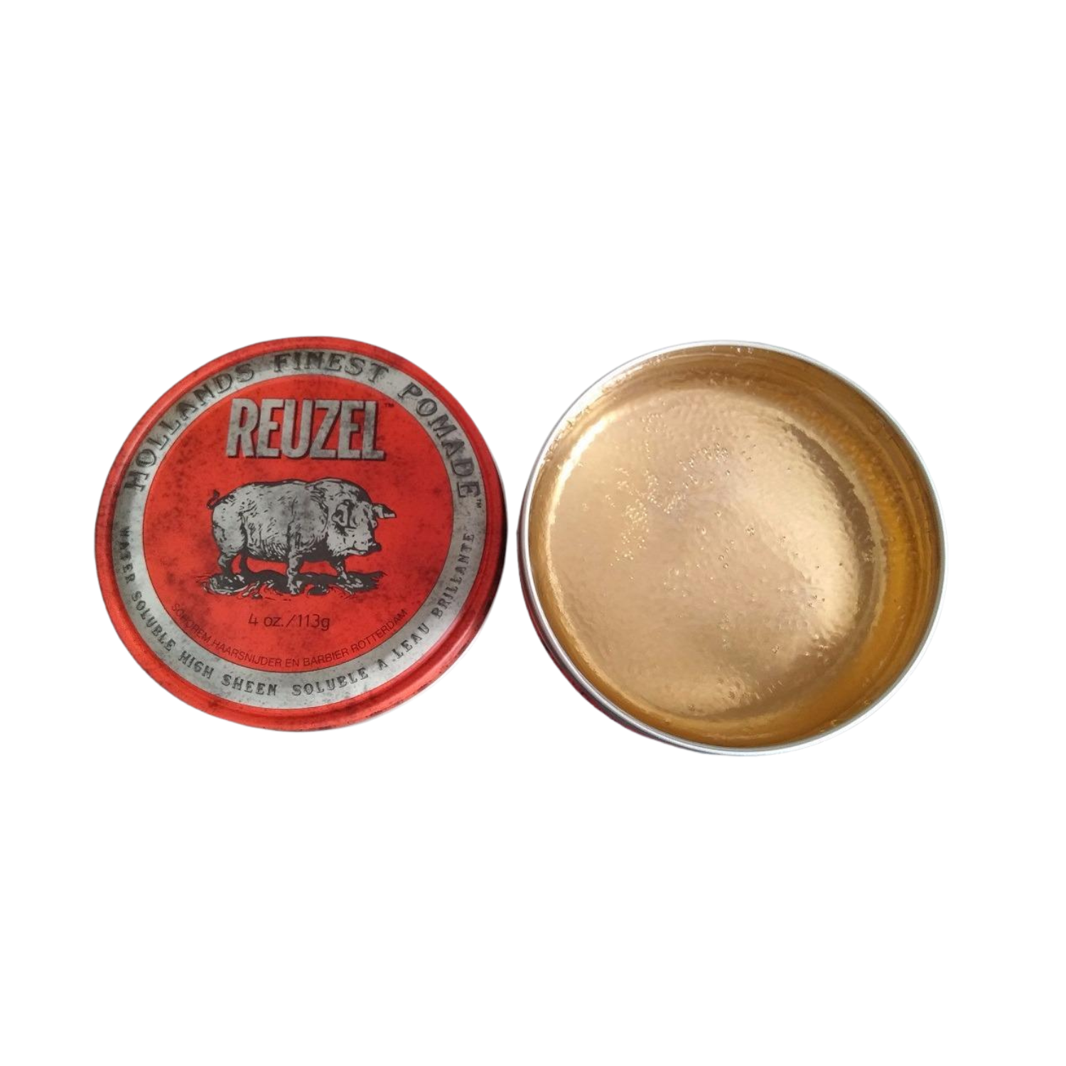 Reuzel Water Soluble High Sheen. Red lid and gold interior of a Reuzel pomade container on a white background