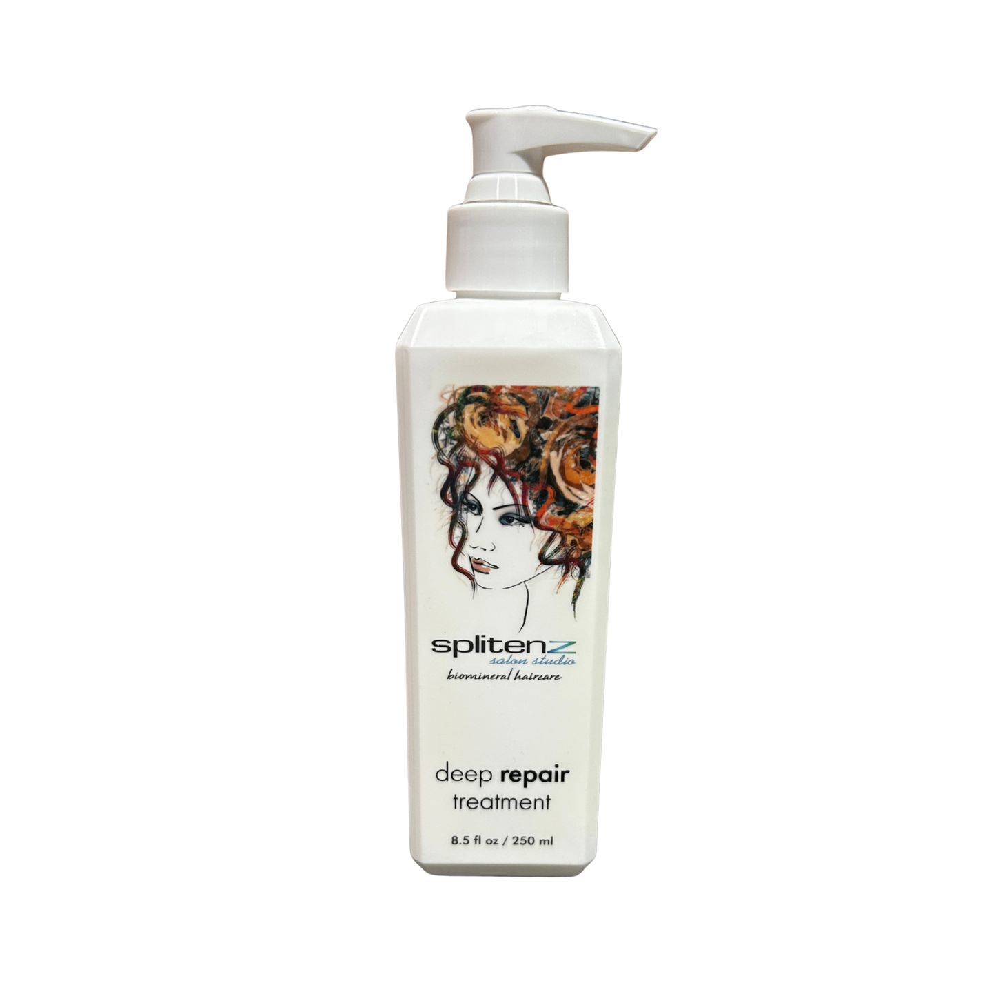 Spliten deep repair hair treatment bottle with a pump on a white background