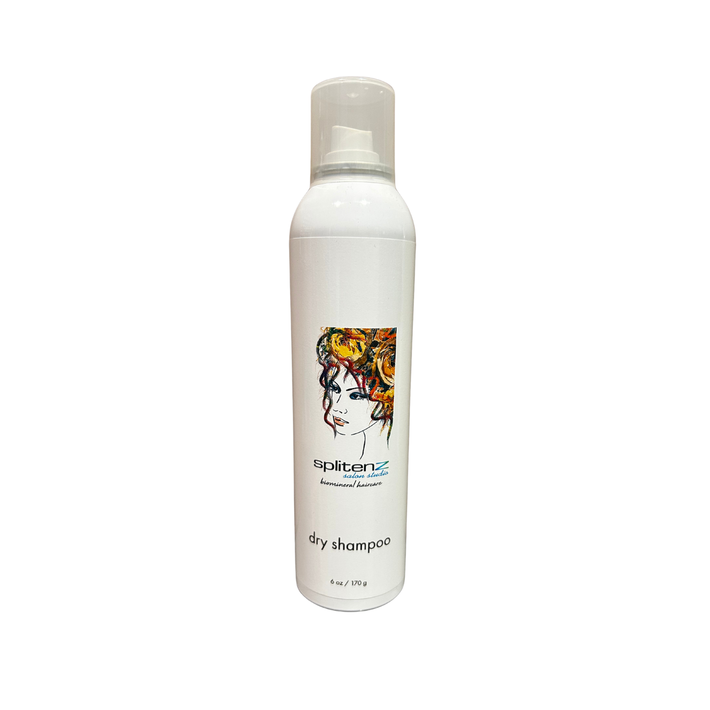 Splitenz Dry Shampoo. White bottle of dry shampoo with a colorful label on a white background