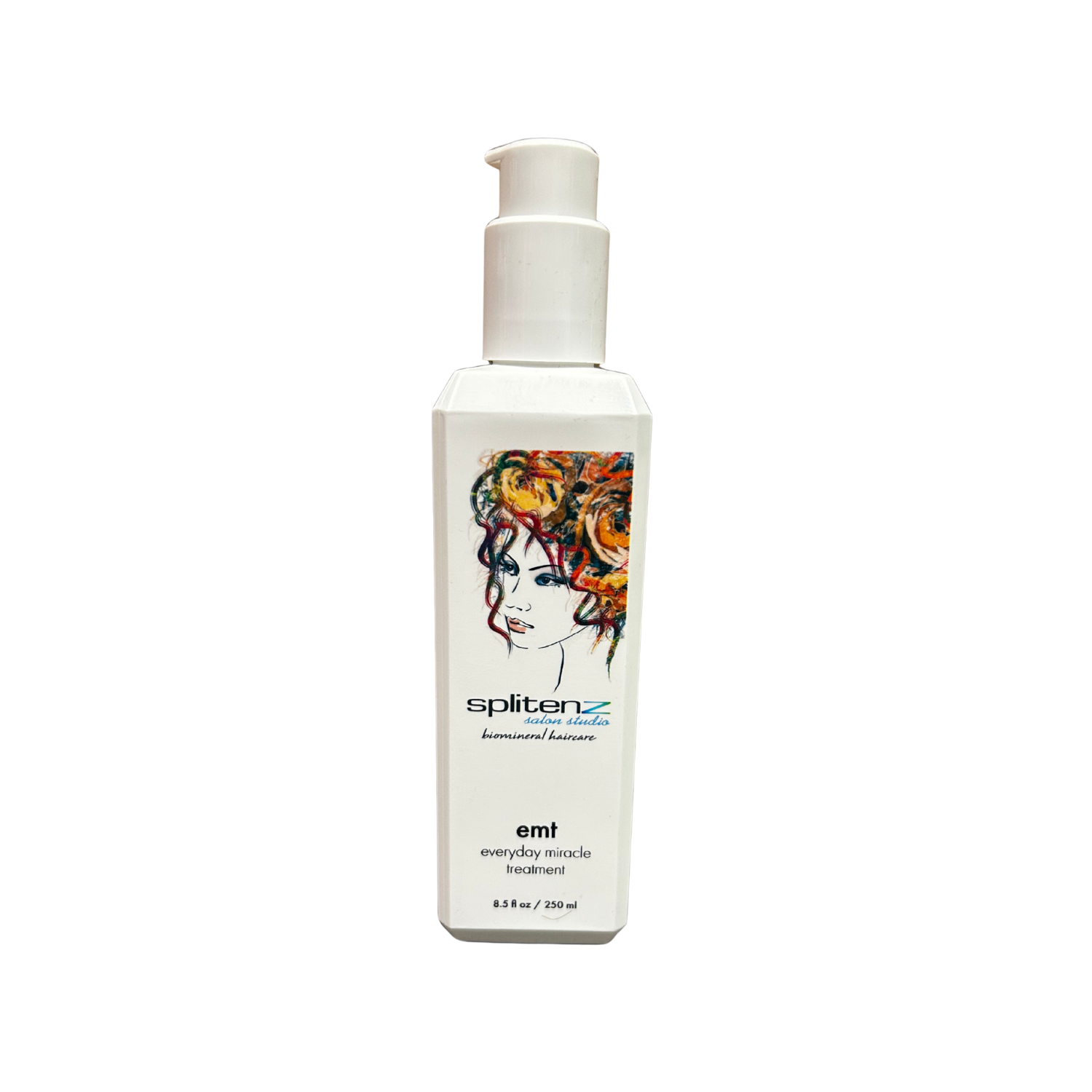 Splitenz emt hair care product bottle with a colorful hair illustration on a white background