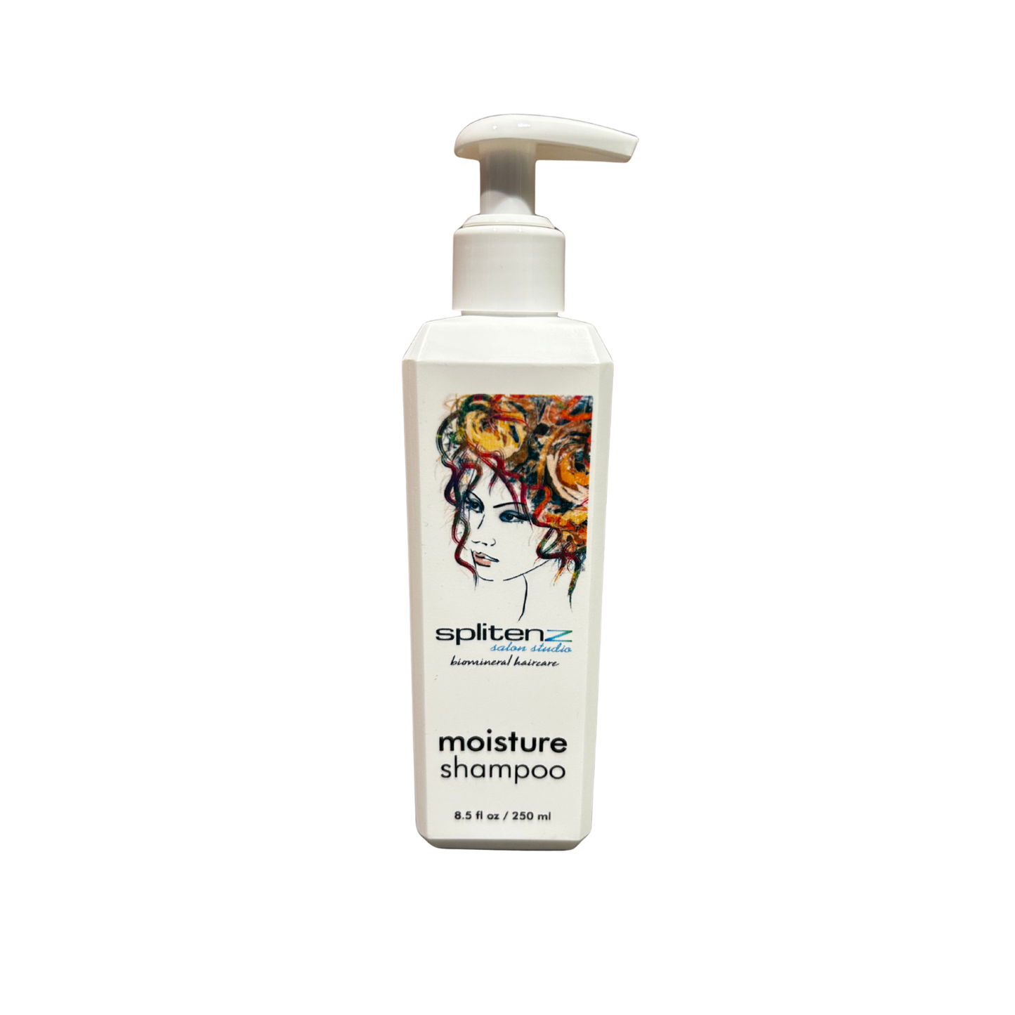 Spliten moisture shampoo bottle with a colorful label on a white background