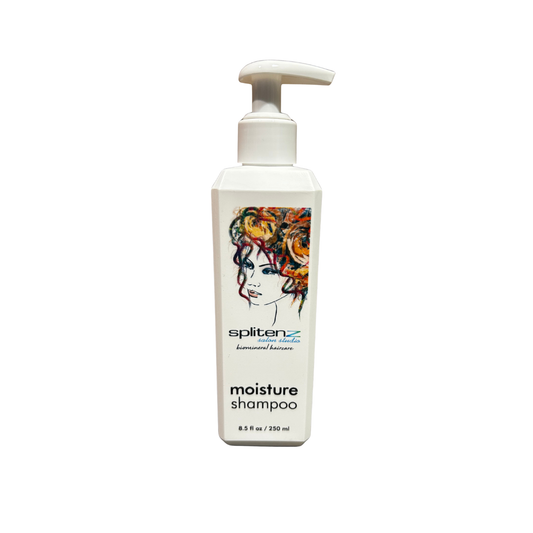 Spliten moisture shampoo bottle with a colorful label on a white background