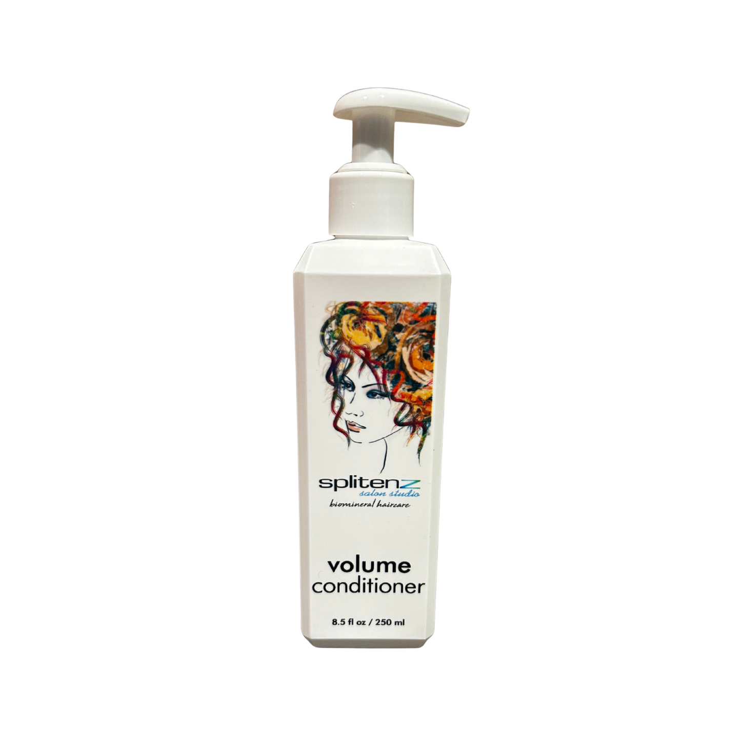 Splitenz volume conditioner bottle with a pump on a white background