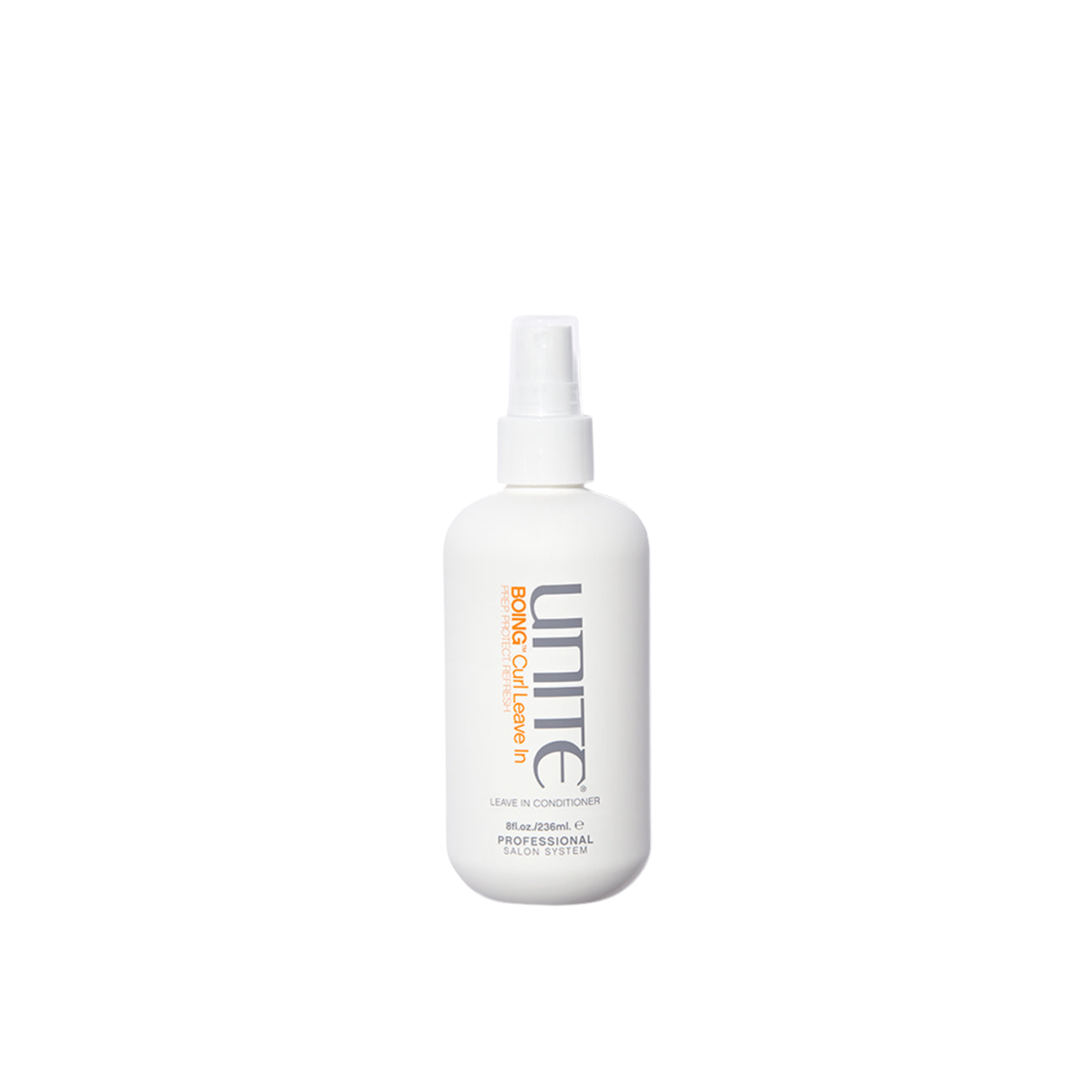 Unite Boing Curl Leave In. Unite hair product spray bottle on a white background