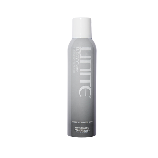 Unite U:Dry Clear. Unite hair product spray bottle on a white background