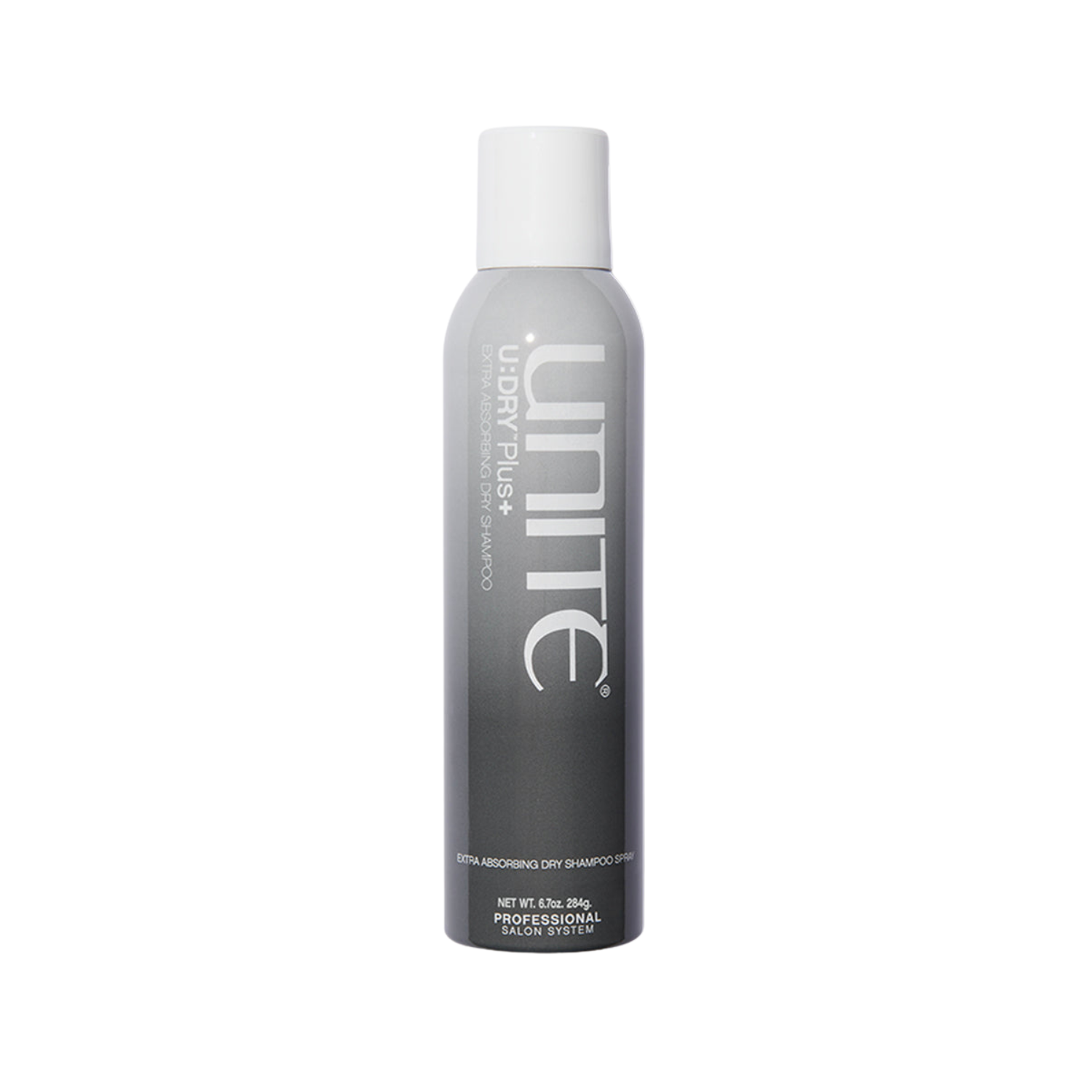 Unite U:Dry Plus. Gray hair product bottle with 'Ultimate' branding on a white background